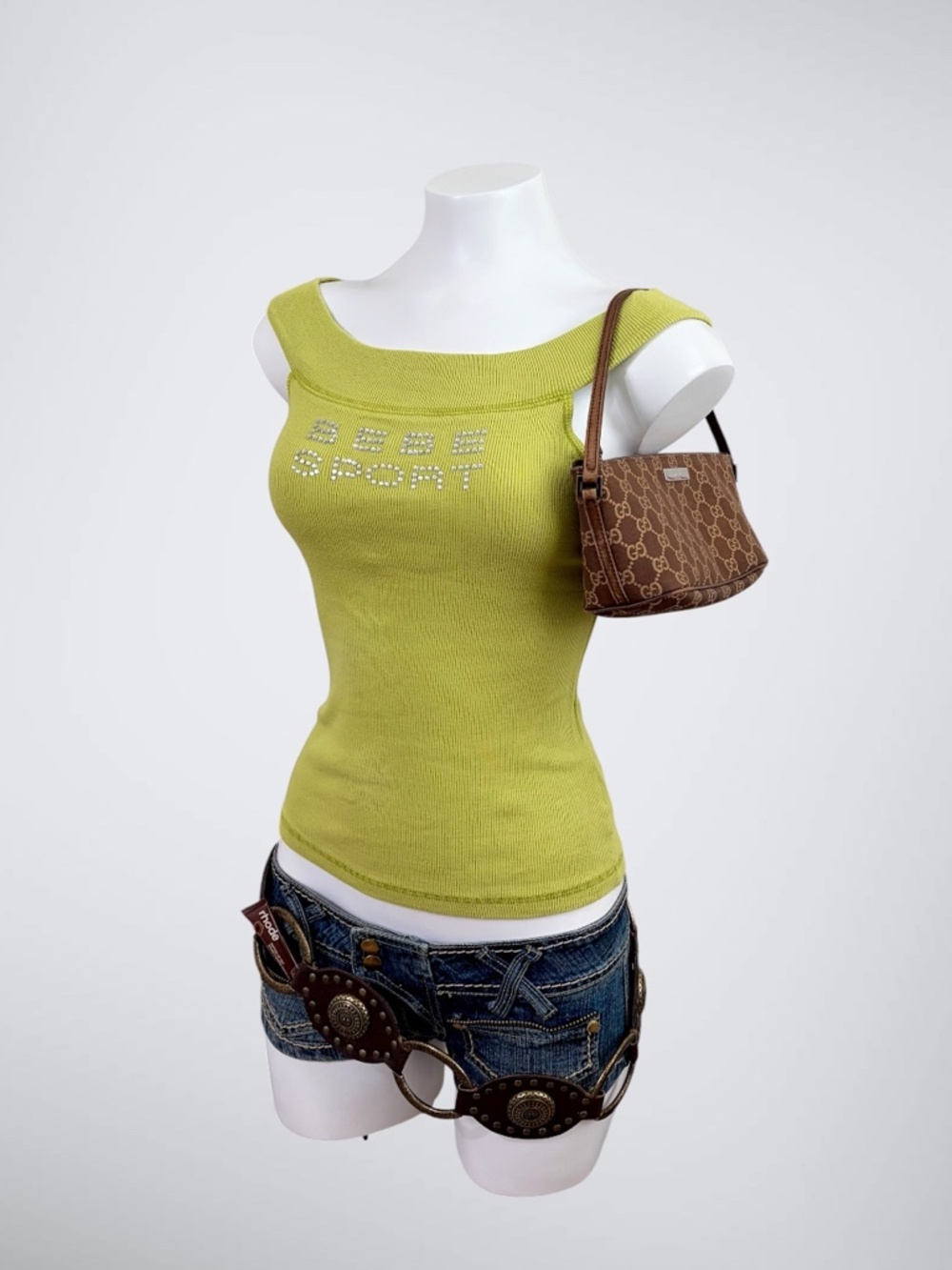 VINTAGE Y2K Bebe Sport Lime Green Rhinestone Spellout Boat Neck Top - Picture 4 of 7